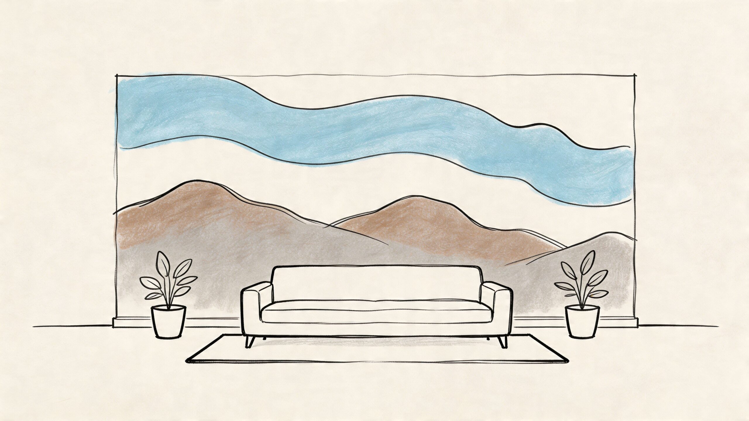A simple line drawing of a couch placed in front of a wall with mountain landscape art.