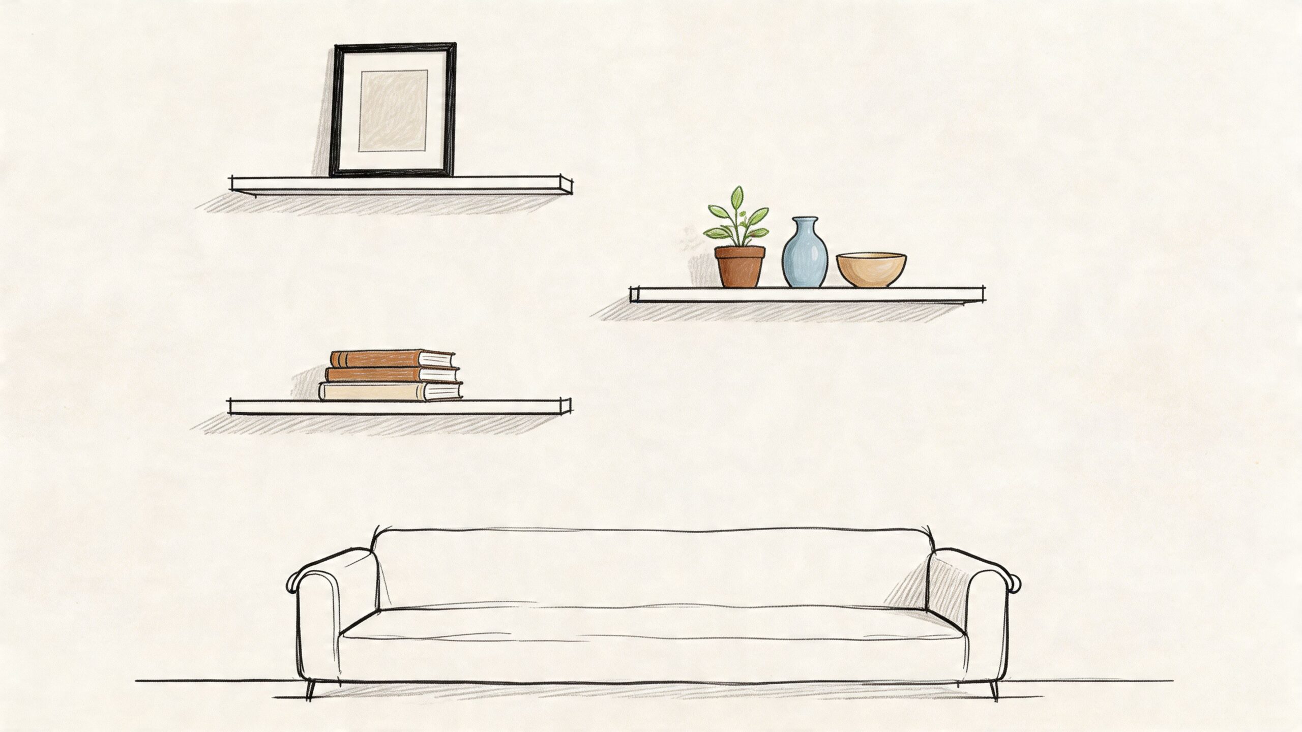 A hand-drawn sketch showing a minimalist sofa with three shelves above containing decor and books.