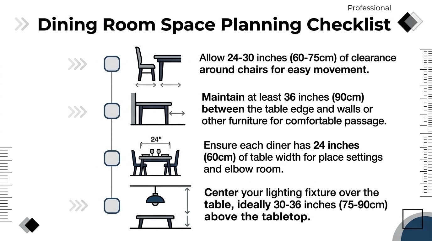 A professional infographic checklist illustrating standard measurements for dining room furniture placement and lighting heights.