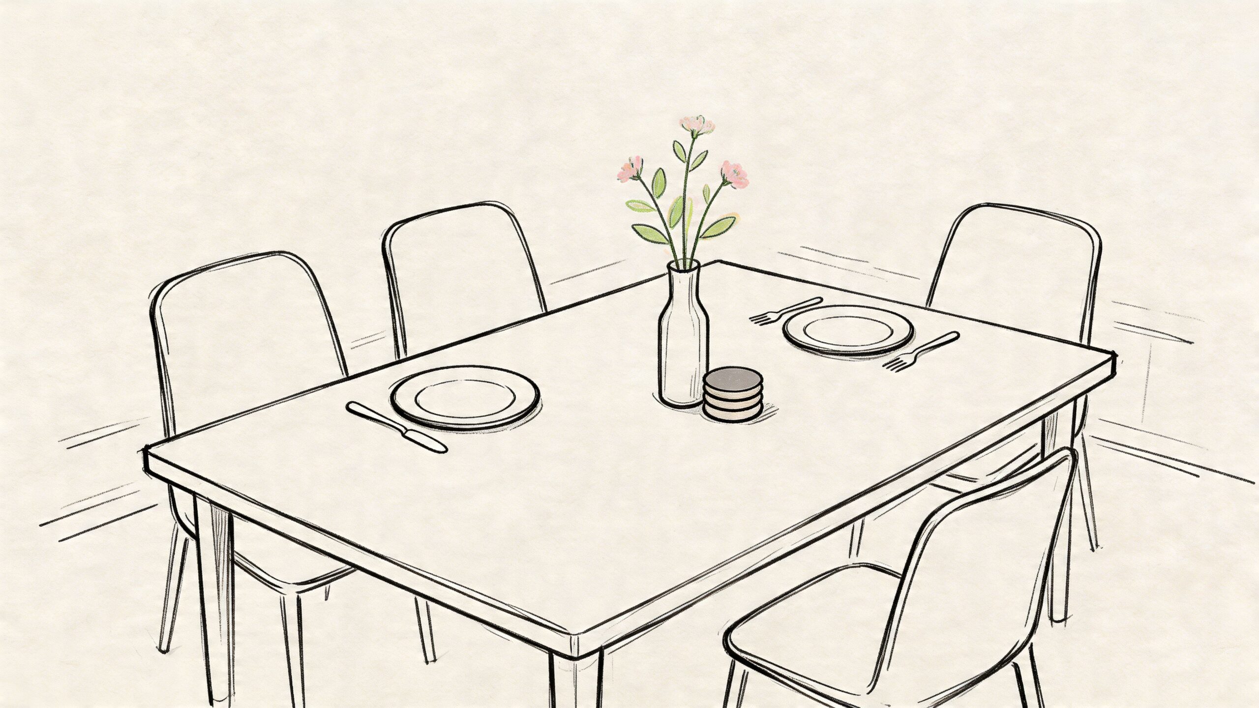 A simple sketch of a dining table with four chairs, a vase of flowers, and place settings.