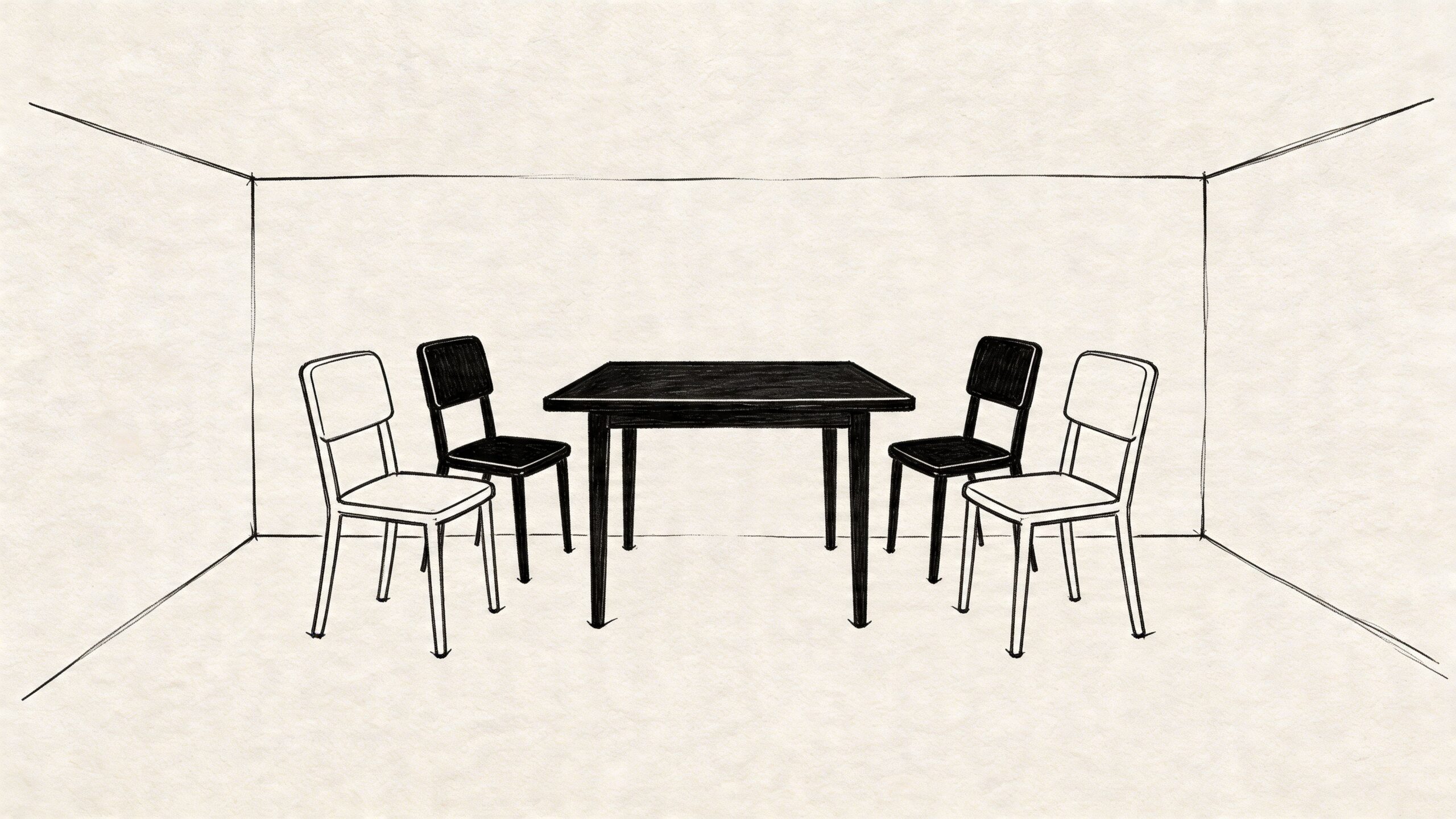 A minimalist sketch of a dining table with two black chairs and two white chairs in a room.