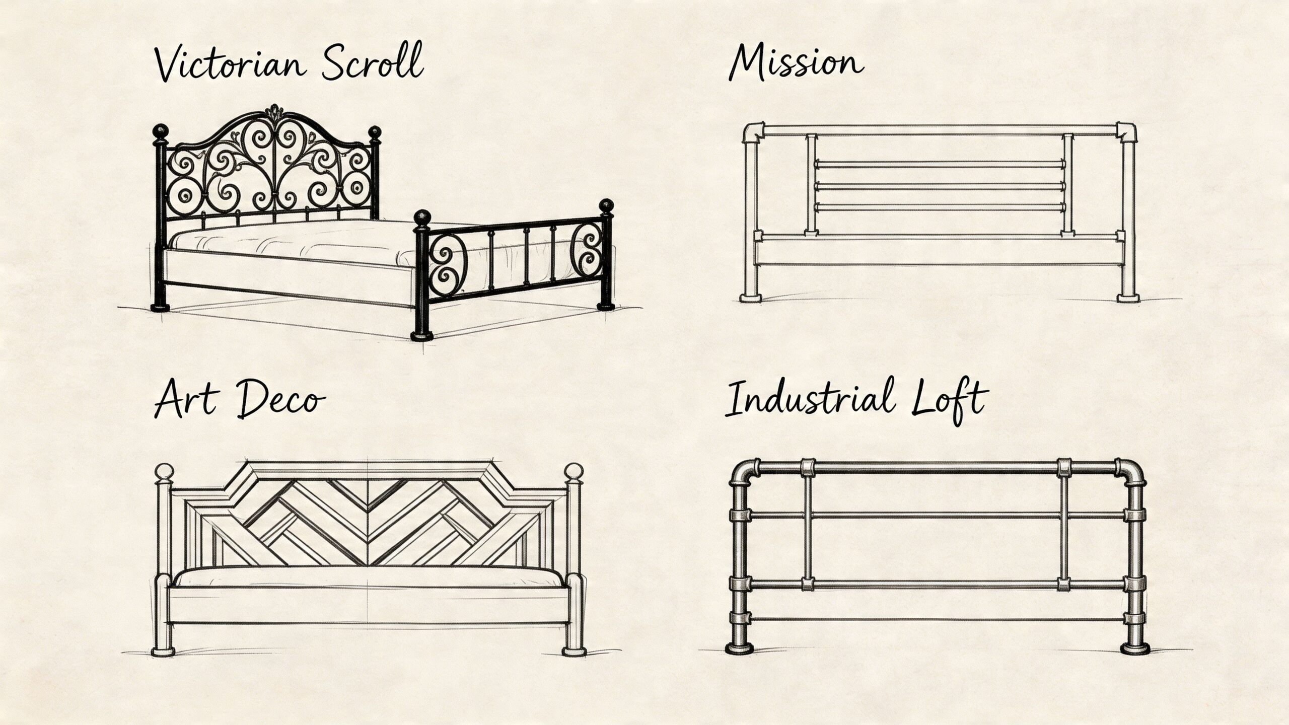 A design sheet displaying four different styles of black iron beds including Victorian, Mission, Art Deco, and Industrial.