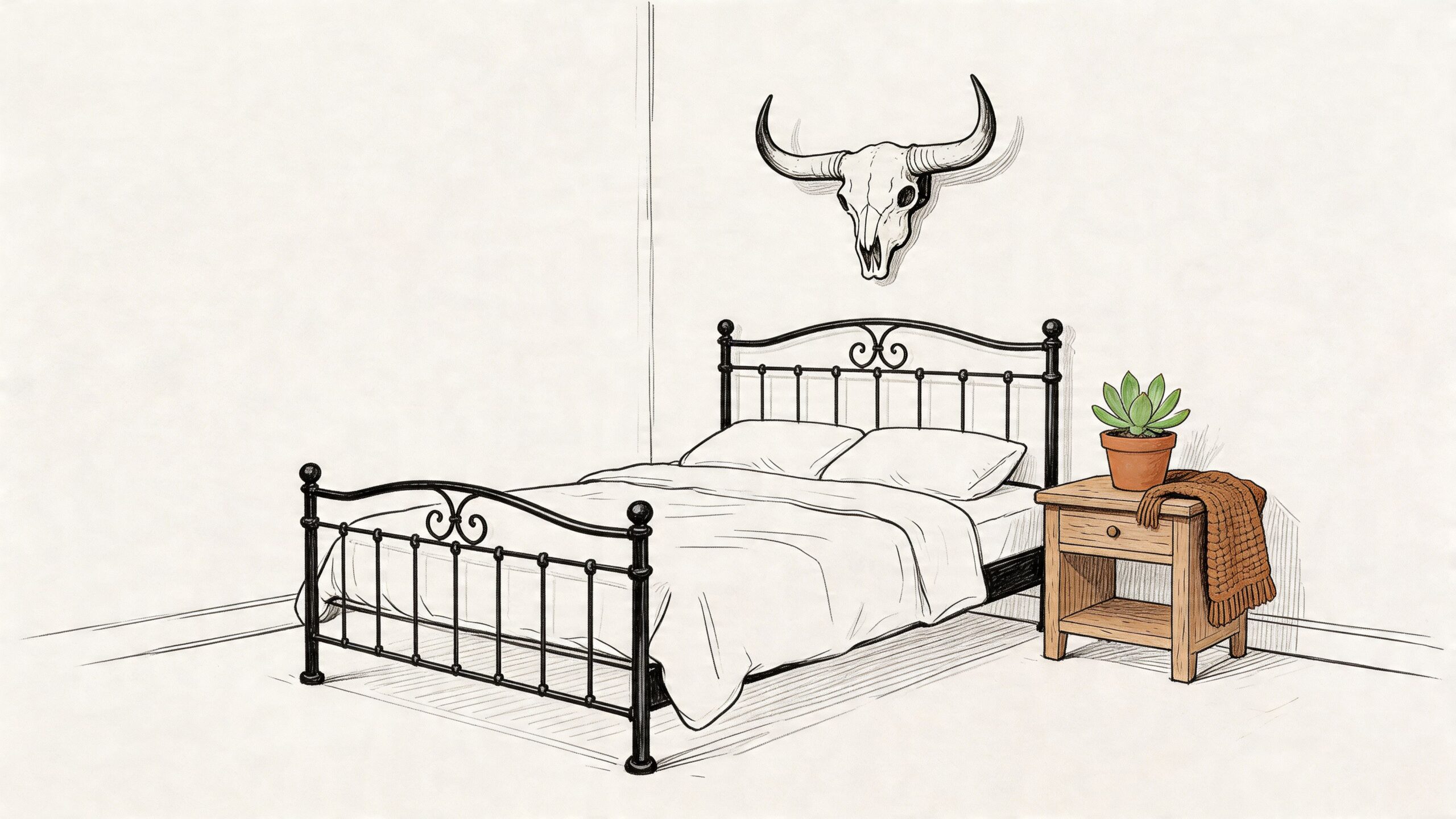 A sketched illustration of a bedroom featuring a black iron bed and a wooden nightstand with a succulent.