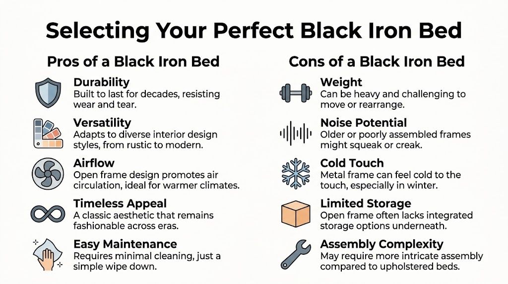 A comparison chart outlining the pros and cons of choosing a black iron bed frame for bedroom decor.