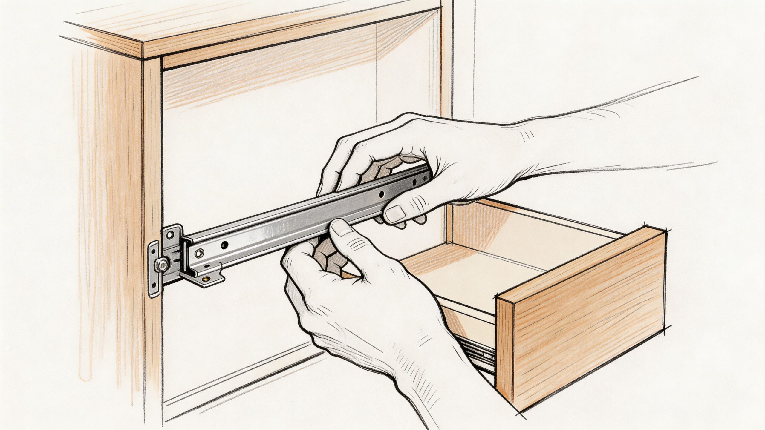 A close-up drawing of hands installing a metal drawer slide track into a wooden cabinet frame.