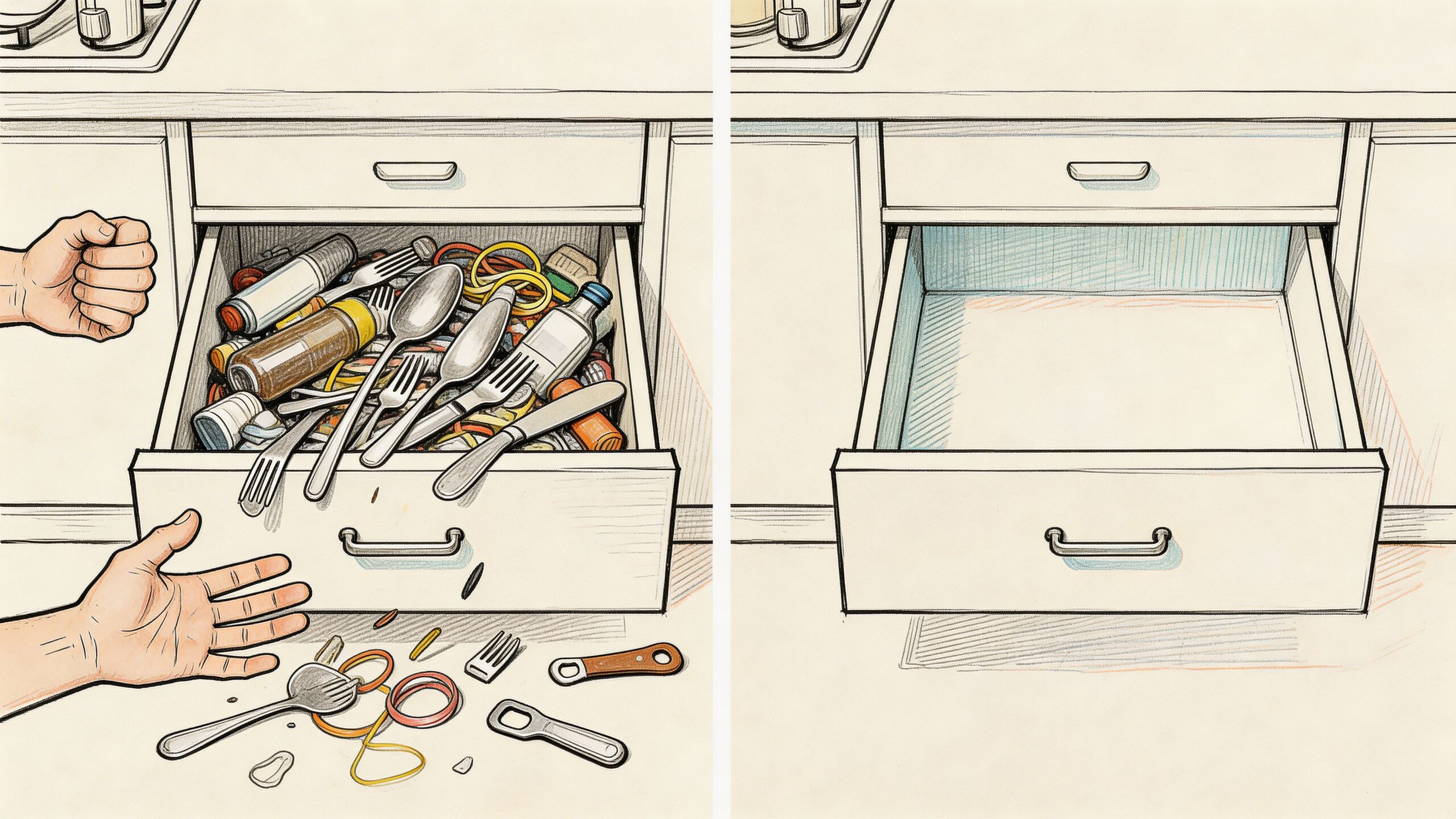 An illustration comparing a cluttered, disorganized kitchen junk drawer with an empty, clean kitchen drawer.