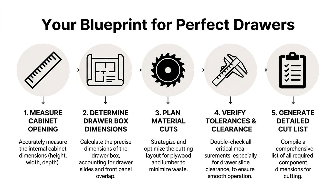 A five-step infographic illustrating the process of building perfect drawers for custom cabinetry projects.