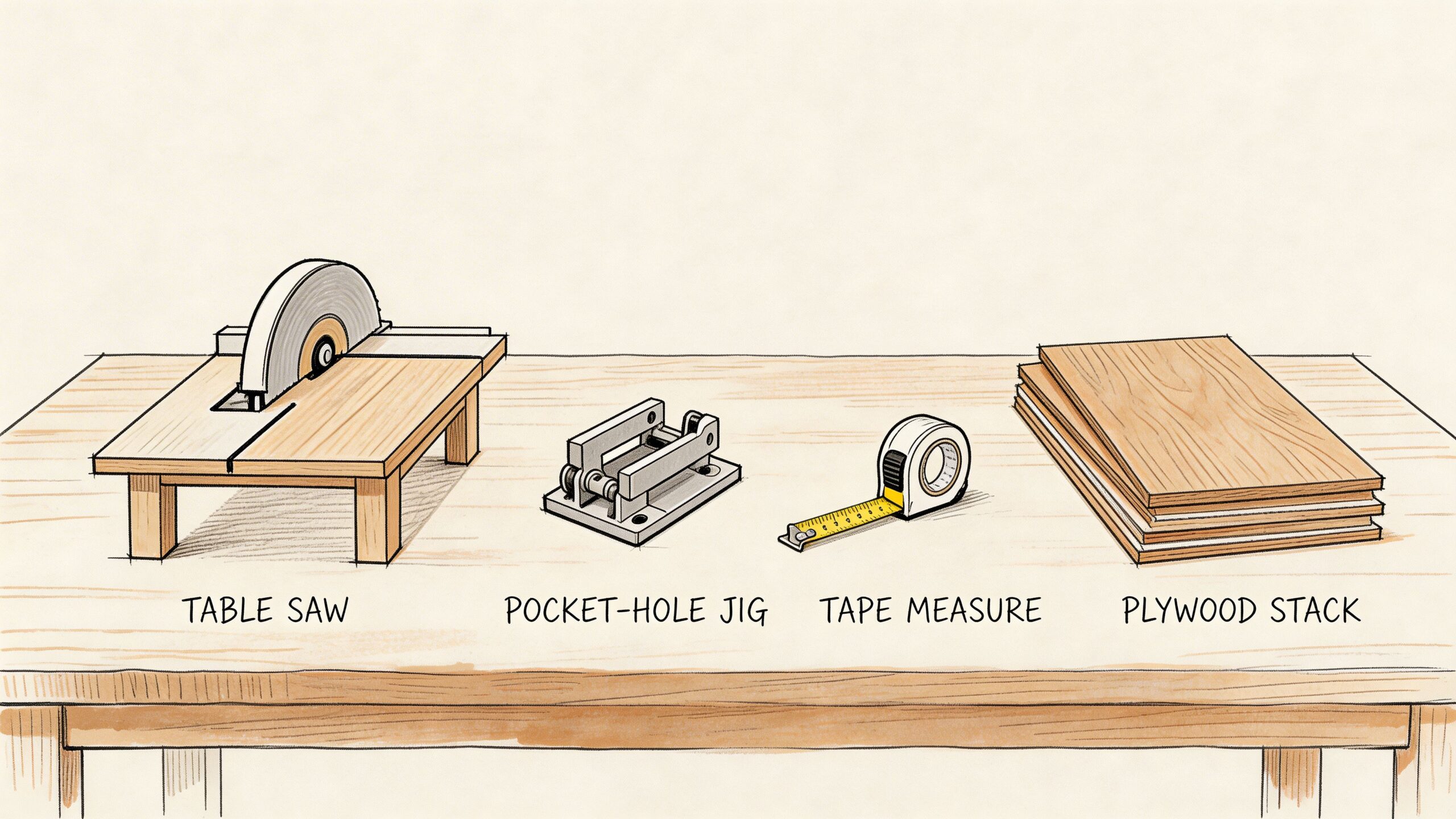 A pencil sketch of woodworking tools including a table saw, pocket-hole jig, tape measure, and plywood sheets.