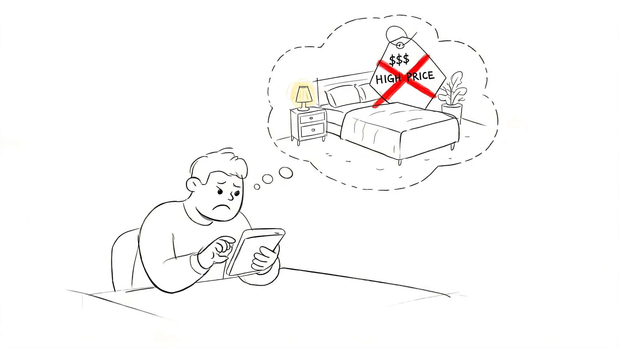 A sad man looking at his tablet while thinking about expensive bedroom furniture with a high price tag.