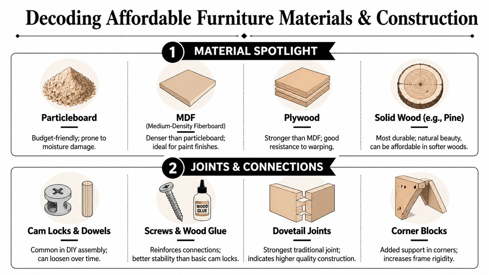An infographic titled Decoding Affordable Furniture Materials and Construction featuring common materials and joinery techniques used in furniture.