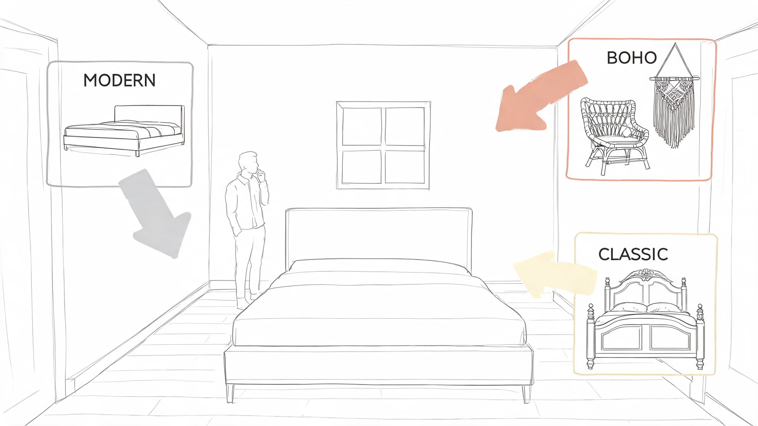 A person standing in an empty room considering furniture styles including modern, boho, and classic bedroom designs.
