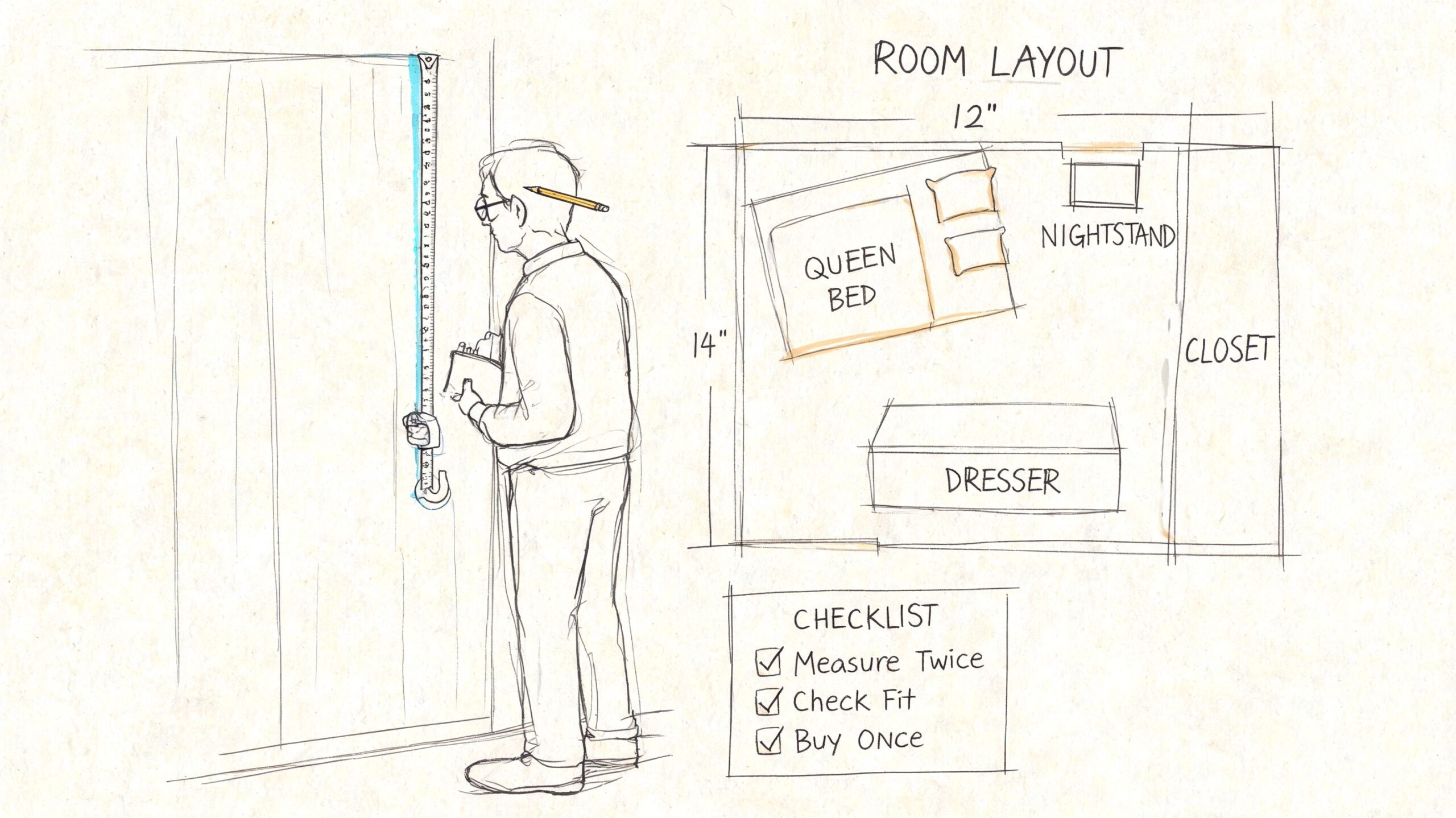 A sketched illustration of a person measuring a door while a room layout plan is displayed nearby.