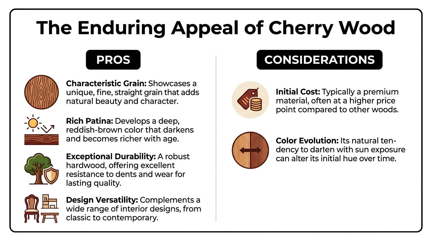 An infographic titled The Enduring Appeal of Cherry Wood highlighting its pros and considerations for furniture.