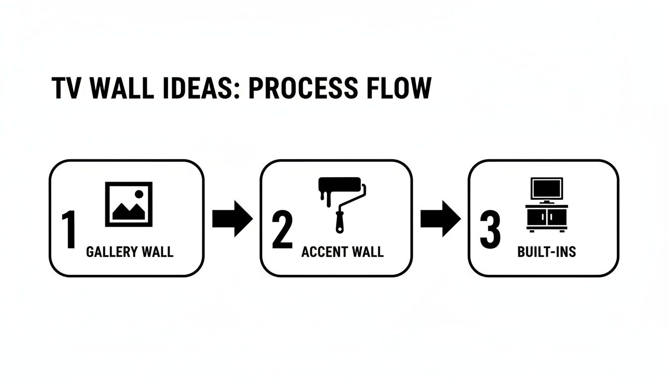 Process flow diagram illustrating three TV wall ideas: gallery wall, accent wall, and built-ins.