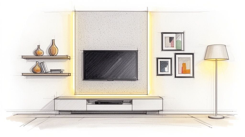 A hand-drawn sketch of a modern living room with a wall-mounted TV, shelves, and a floor lamp.