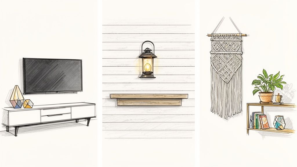 Three distinct sketches showcase modern wall decor ideas for living spaces.