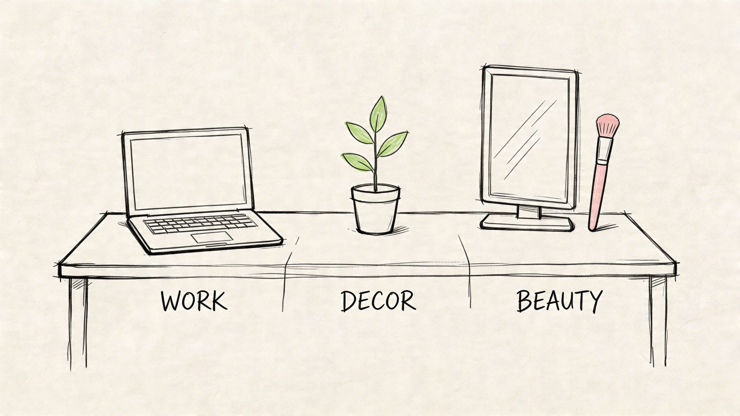 A minimalist sketch of a desk divided into three sections labeled work, decor, and beauty with accessories.
