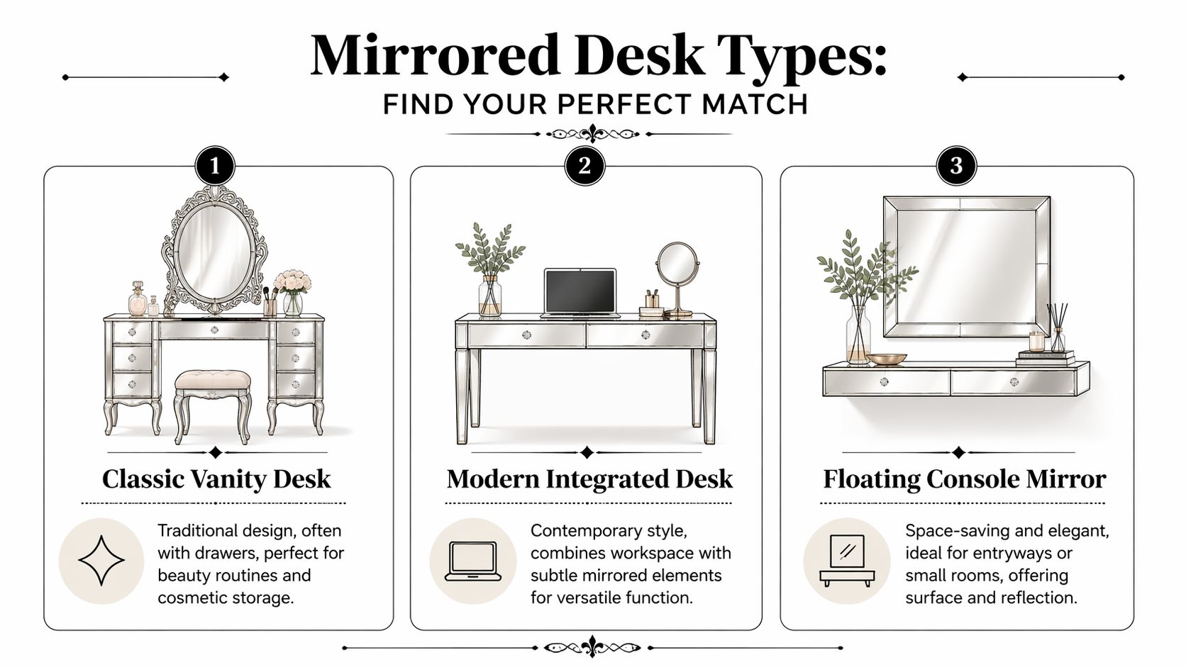 A descriptive infographic showing three different types of mirrored desks: classic vanity, modern integrated, and floating console.