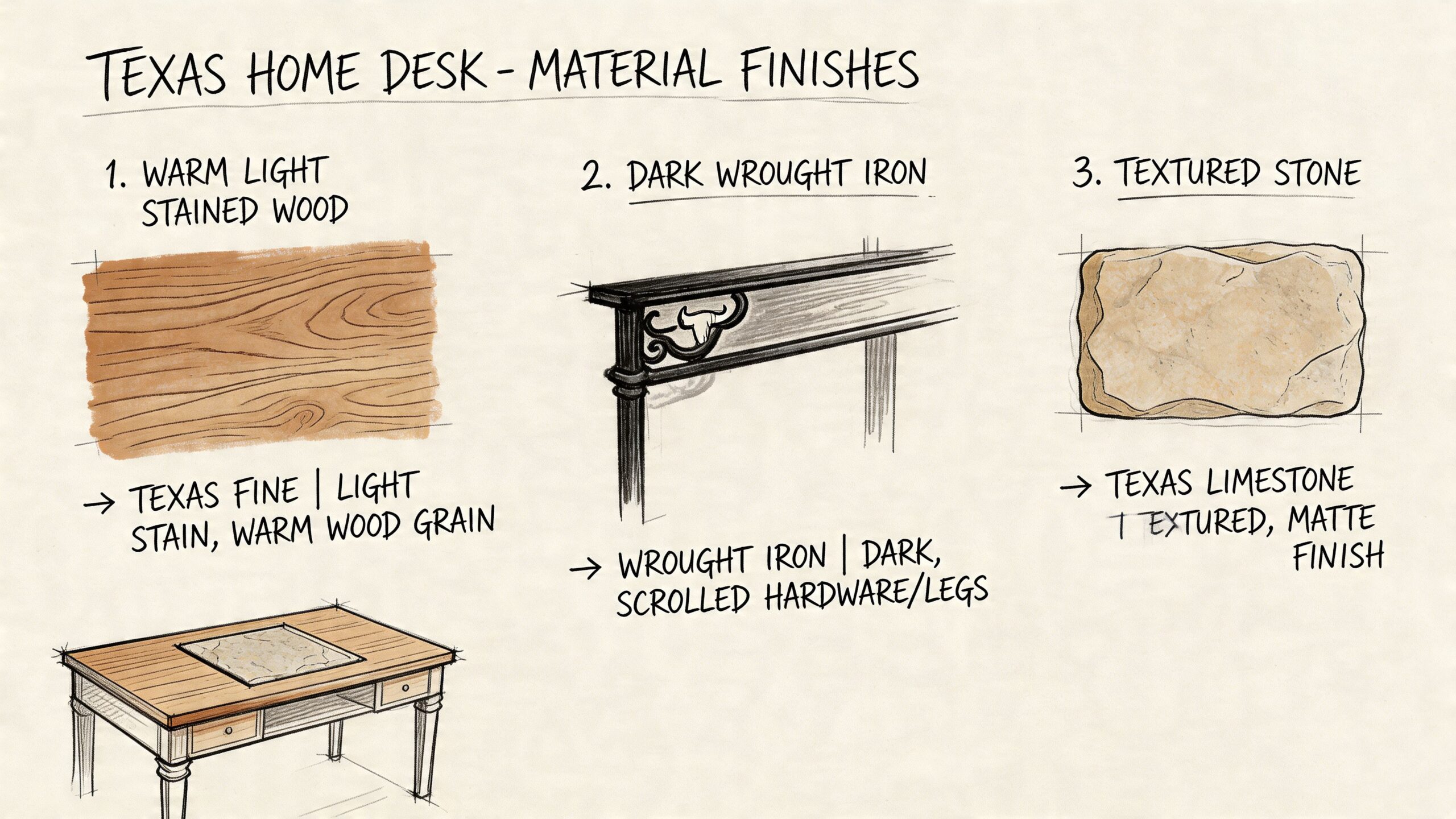 A design concept illustration showing material finishes for a Texas style desk with wood, iron, and limestone.