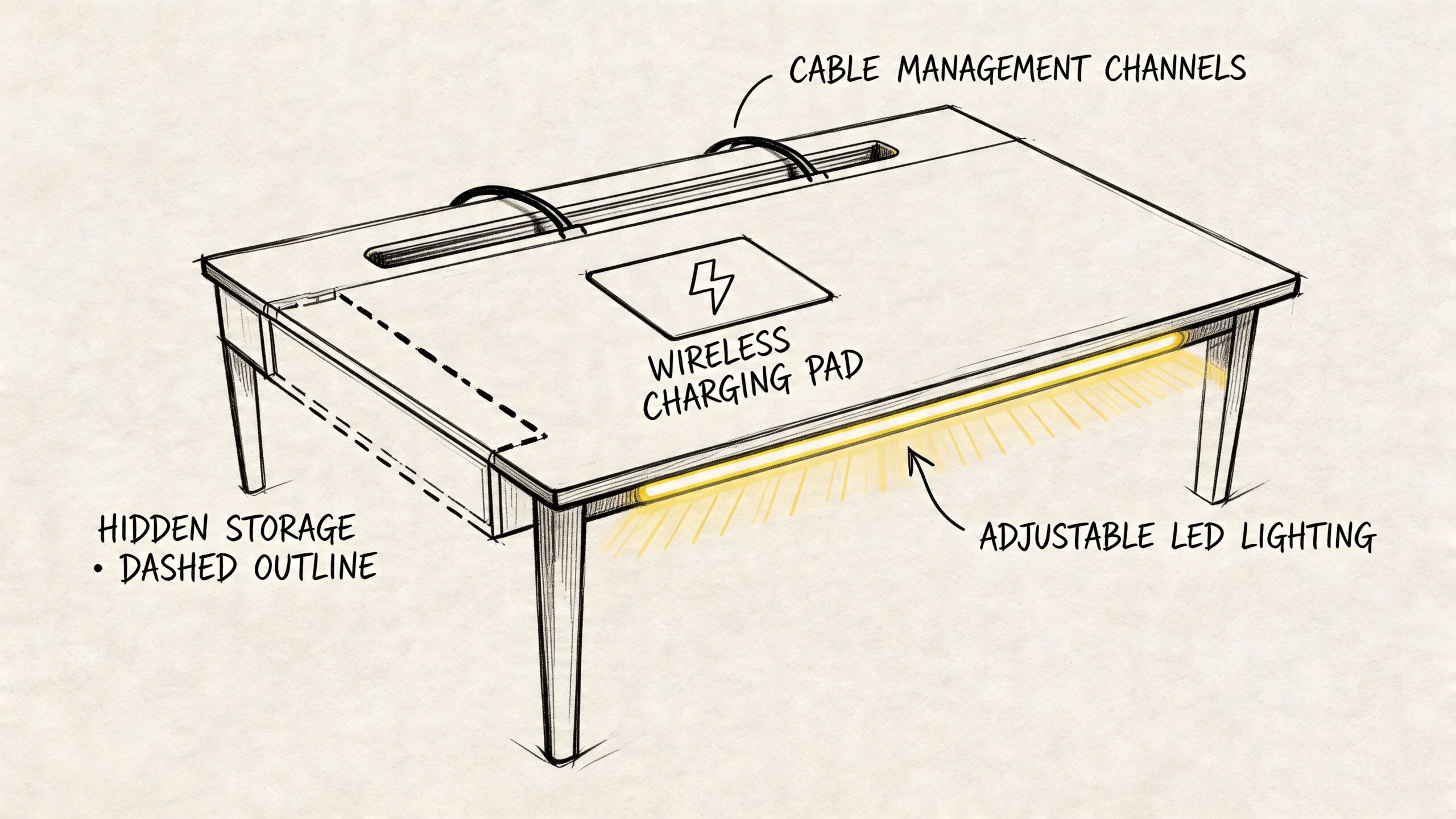 A pencil sketch of a modern office desk featuring integrated wireless charging, hidden storage, and LED lighting.