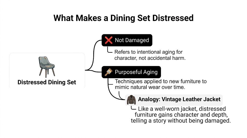 A diagram explaining that a distressed dining set refers to intentional aesthetic aging, not actual damage.