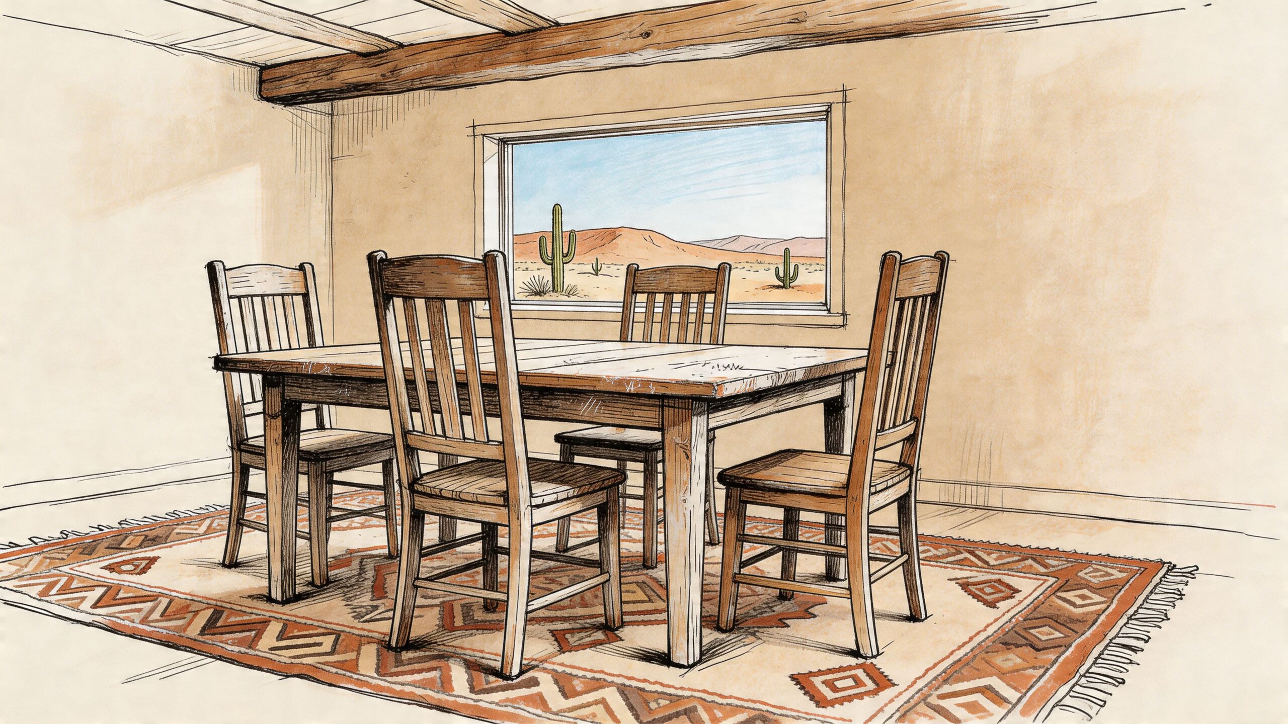 A rustic dining room features a distressed dining set on a patterned rug near a desert window.