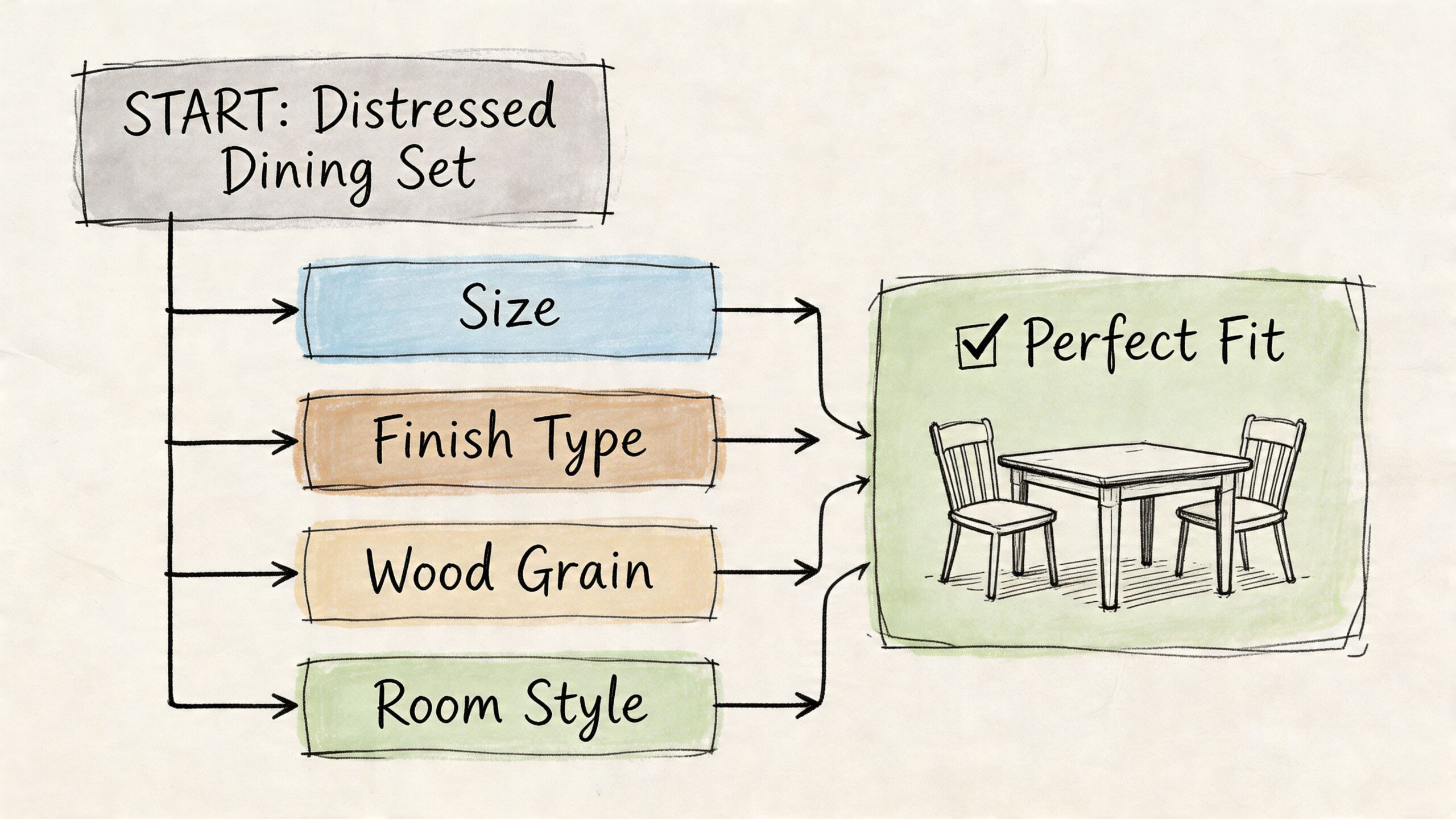 A flowchart showing how to choose a distressed dining set by considering size, finish, grain, and style.