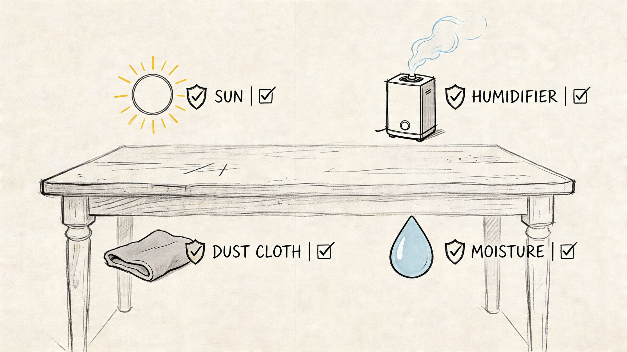 An illustration showing factors to protect a wooden table, including sunlight, humidity, dust cloths, and moisture.
