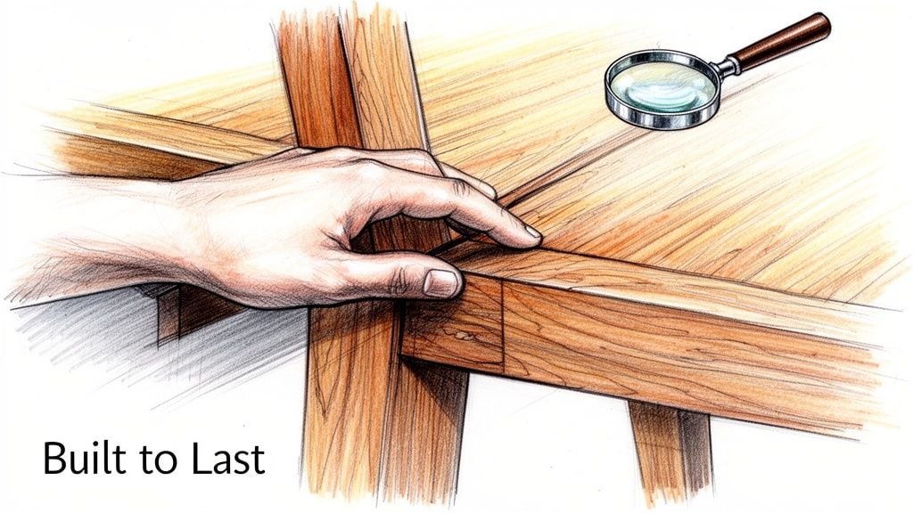 A hand touching a wooden furniture joint, representing quality craftsmanship at a family owned furniture store.