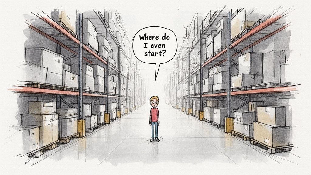 A confused young man standing alone in a massive warehouse aisle surrounded by many cardboard boxes.