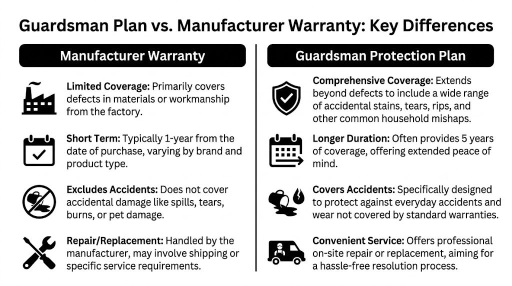 A comparison chart outlining key differences between a standard manufacturer warranty and a Guardsman protection plan.