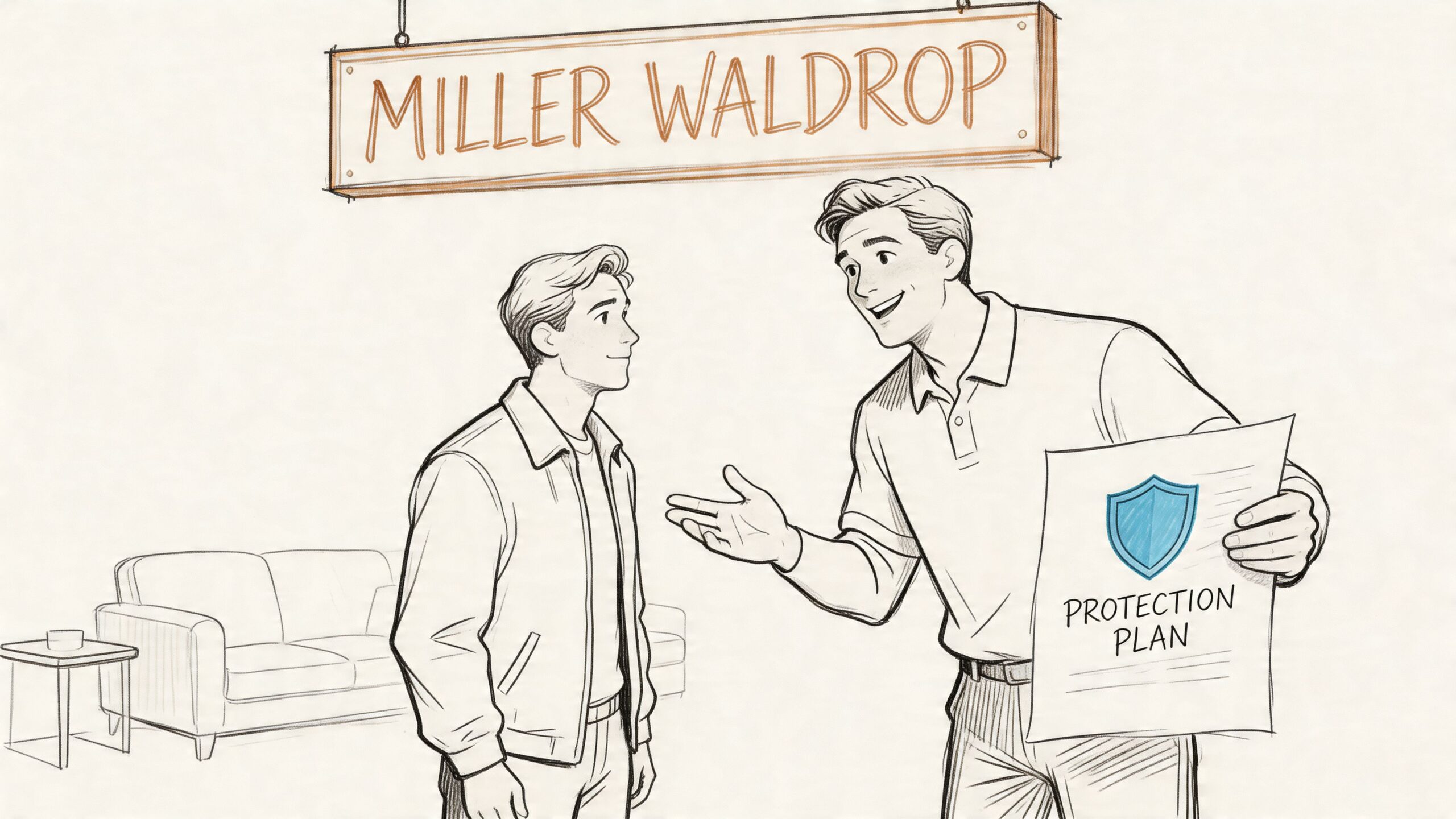 A salesman presenting a furniture protection plan document to a customer in a Miller Waldrop showroom.