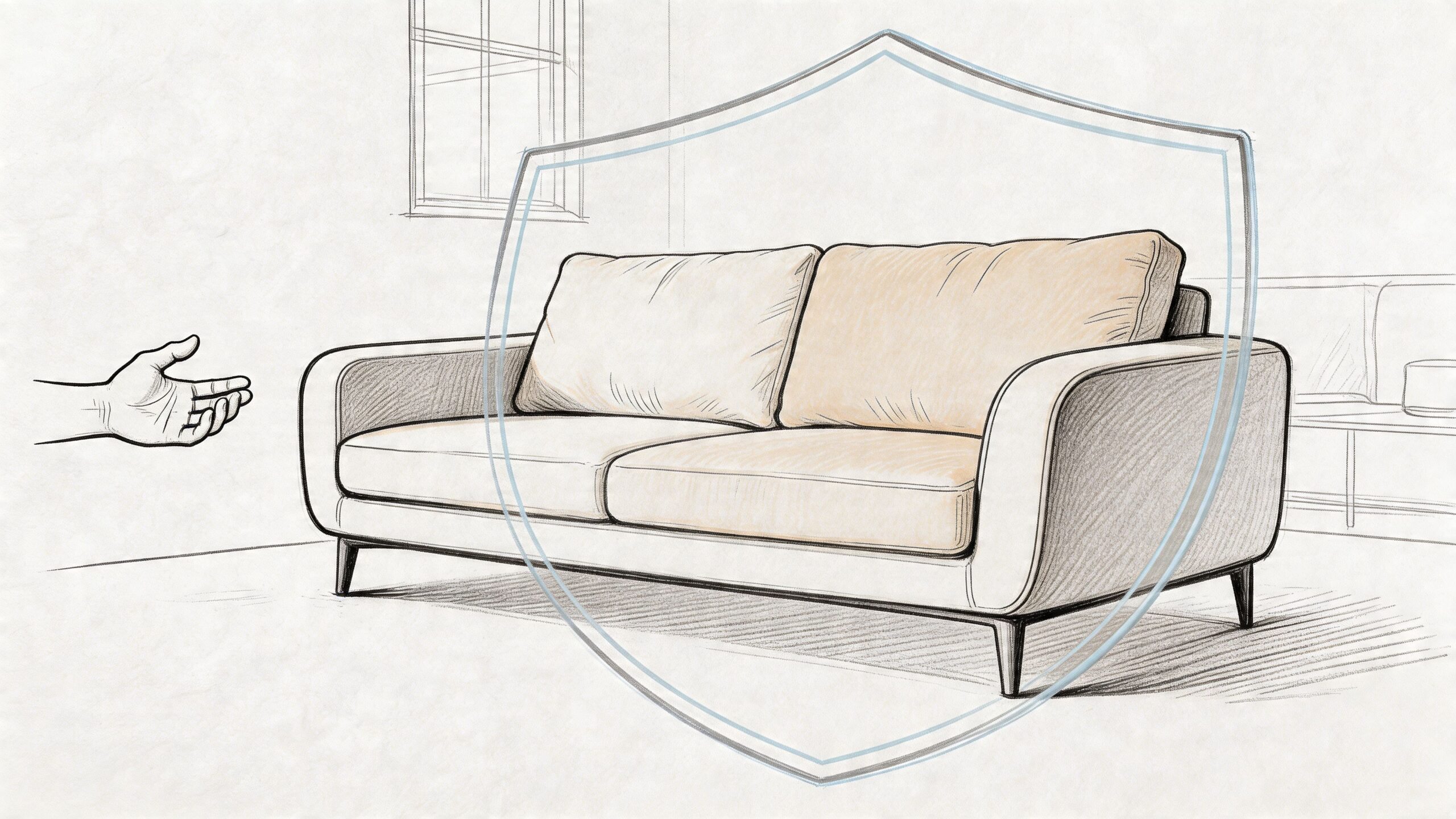 A hand gesture reaching toward a couch protected by a symbolic translucent shield icon overlay.