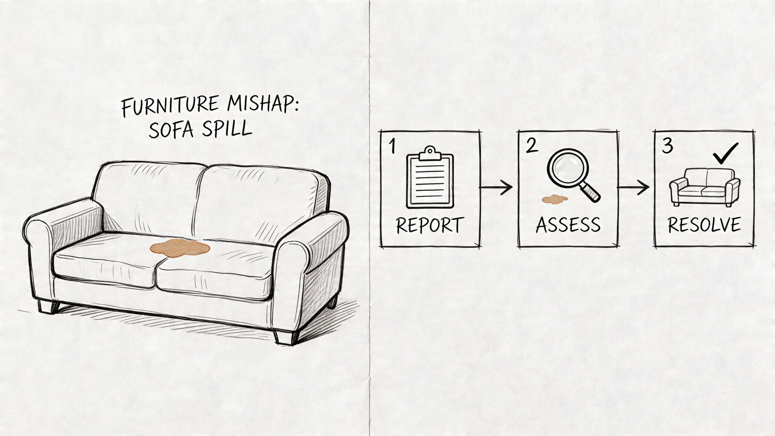 A three step diagram illustrating the process to report, assess, and resolve a furniture spill on a sofa.