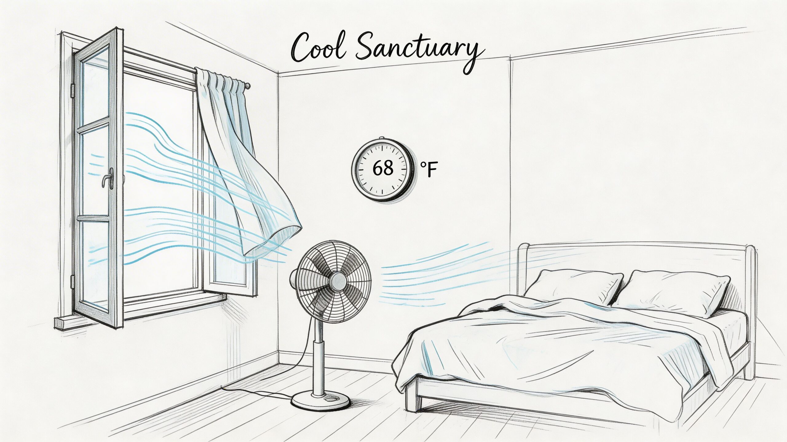 A sketched illustration of a bedroom with an open window, curtains blowing, and a fan cooling the bed.
