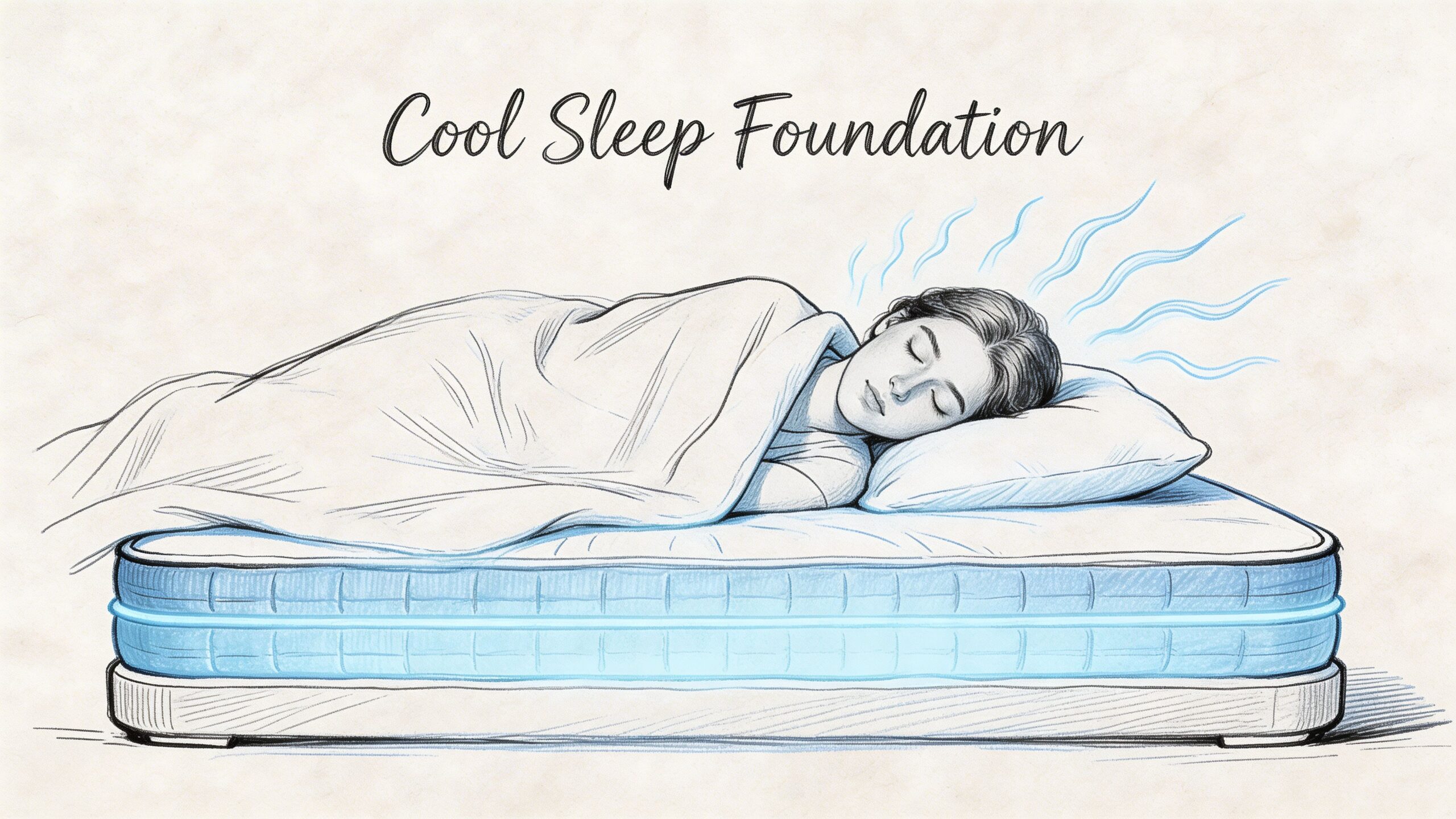 A pencil sketch of a woman sleeping peacefully on a cooling mattress with blue cooling waves above.