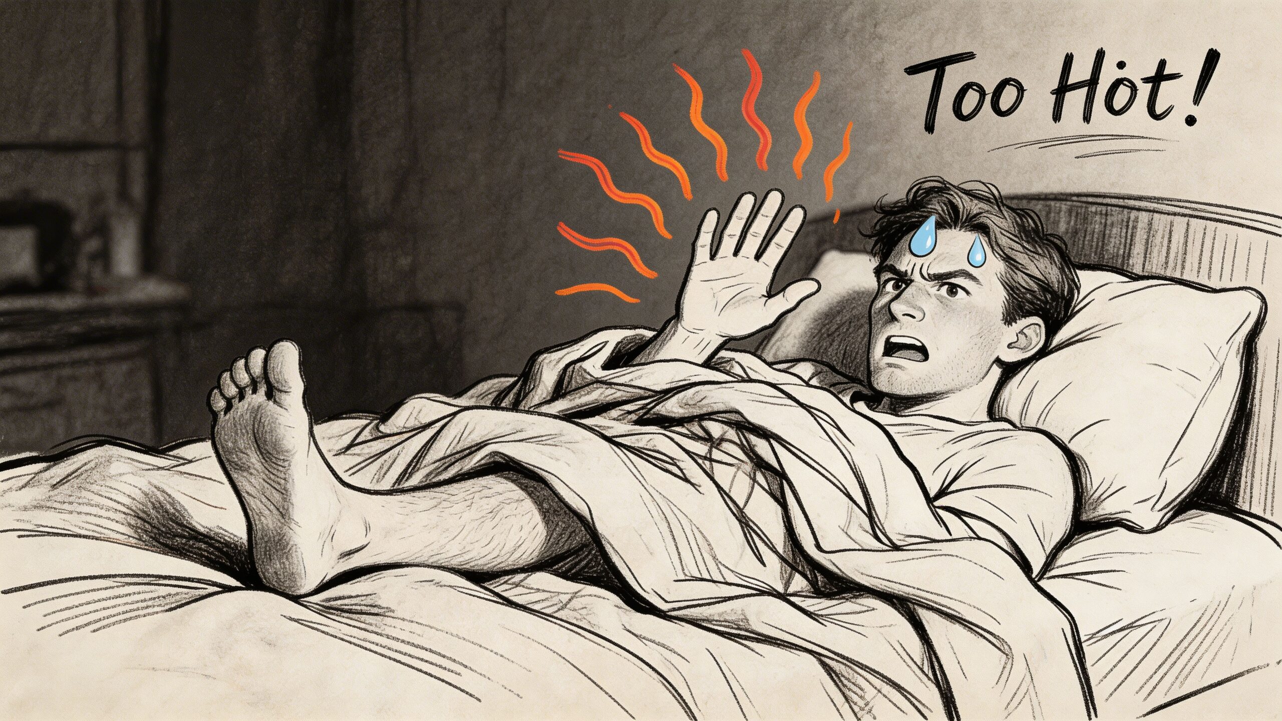 An illustrated man feeling overheated in bed, pushing off his covers while sweating in the night.
