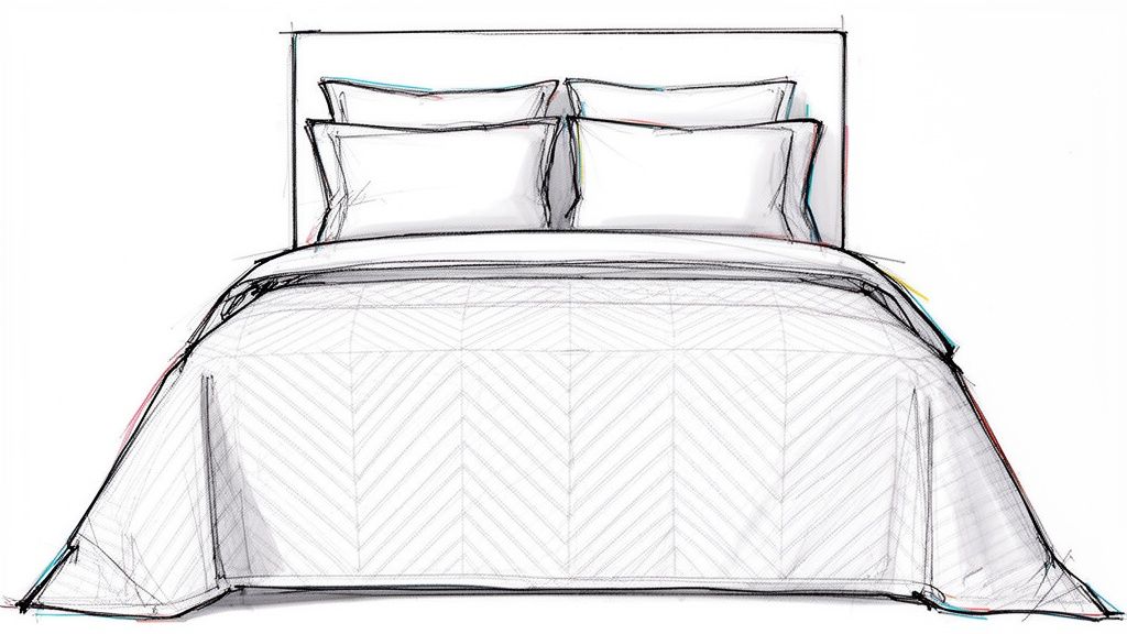 Front view sketch of a bed with white bedding, including pillows and a quilted herringbone cover.