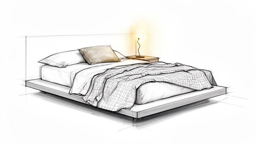 A minimalist sketch of a modern bed with two pillows, a plaid blanket, a nightstand, and a glowing lamp.