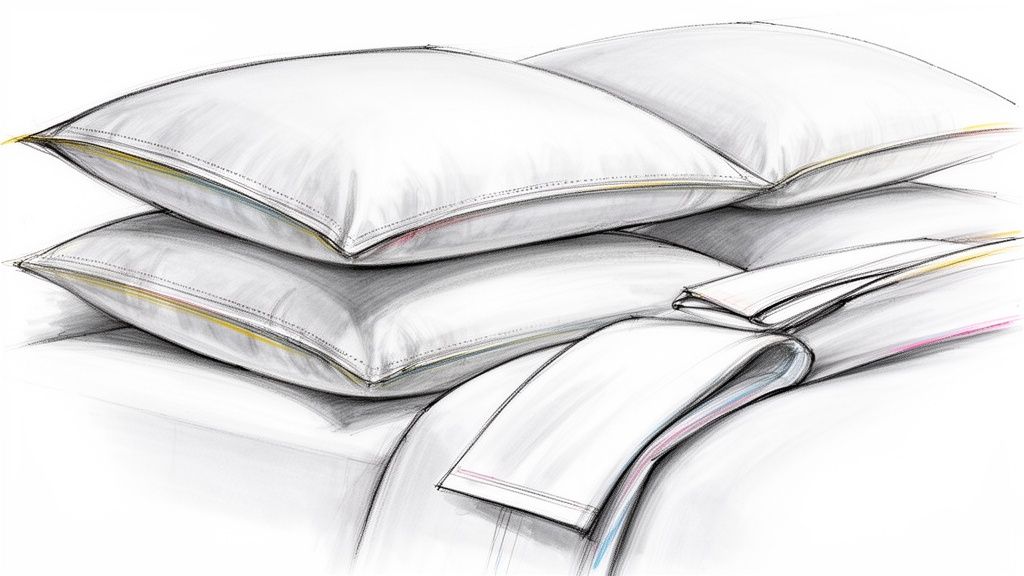 A detailed sketch showing a stack of white pillows and folded bedding with colorful trim.