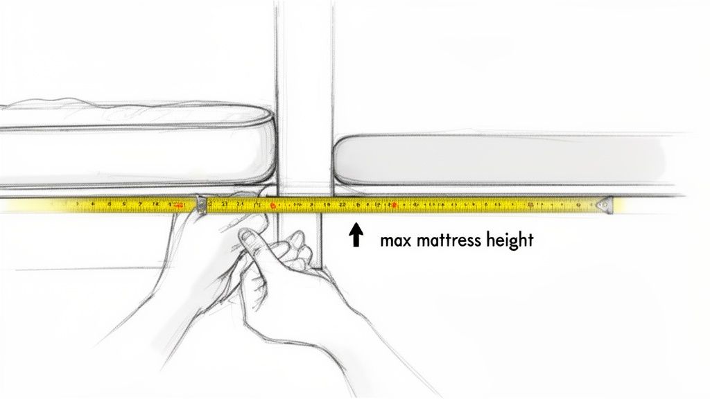 A sketch showing hands measuring the maximum mattress height in a bed frame with a yellow tape measure.