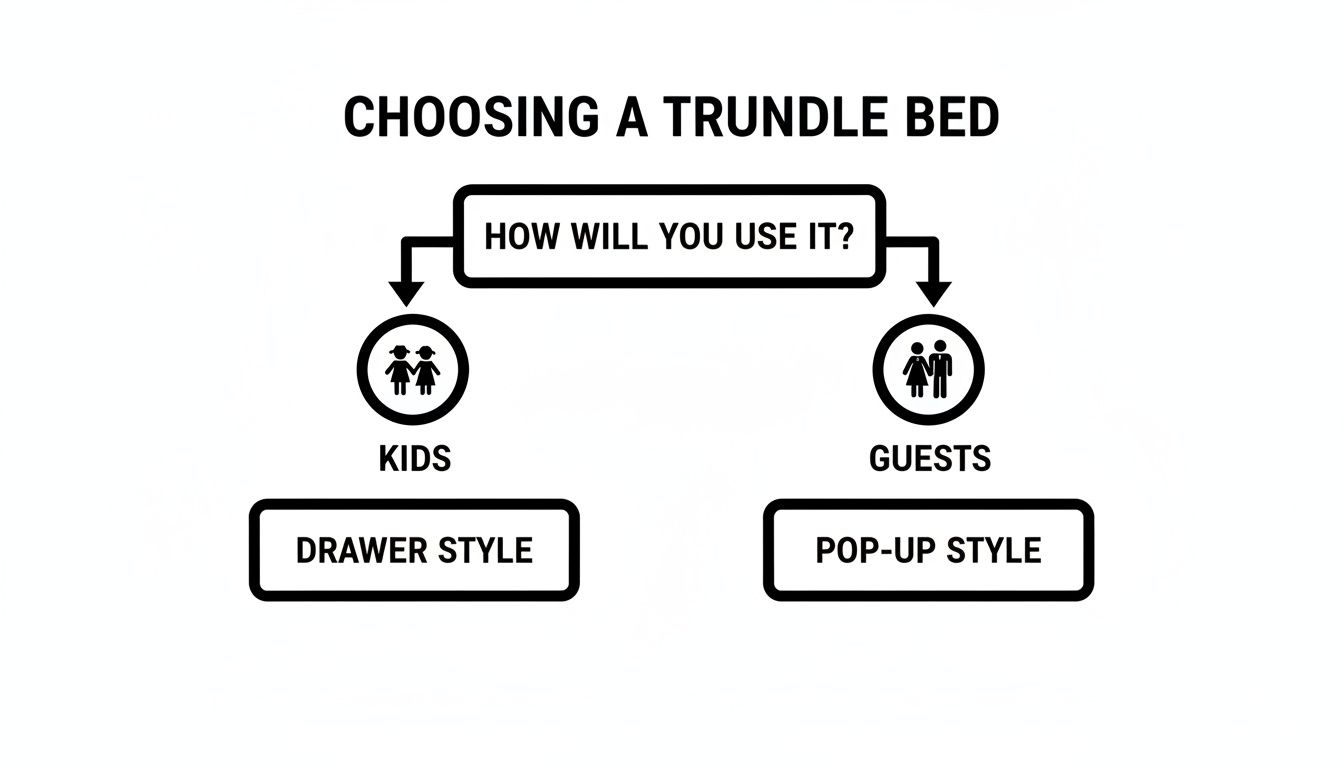 Flowchart illustrating how to choose a trundle bed based on usage: kids prefer drawer style, guests prefer pop-up style.