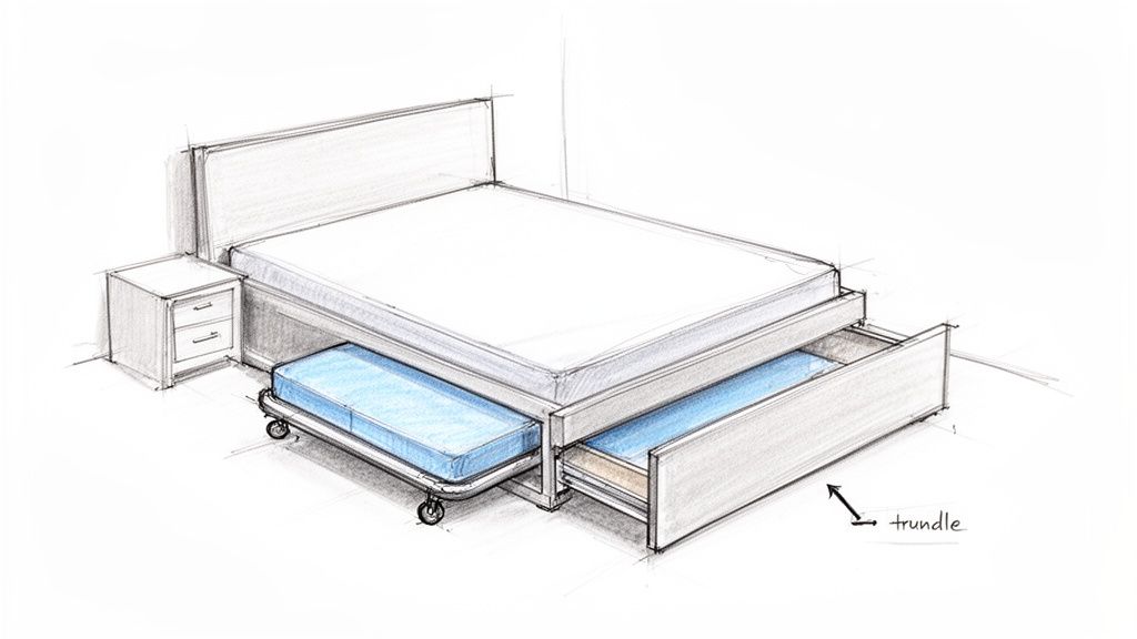 A pencil sketch of a bed frame featuring a pull-out trundle bed and an additional storage drawer.