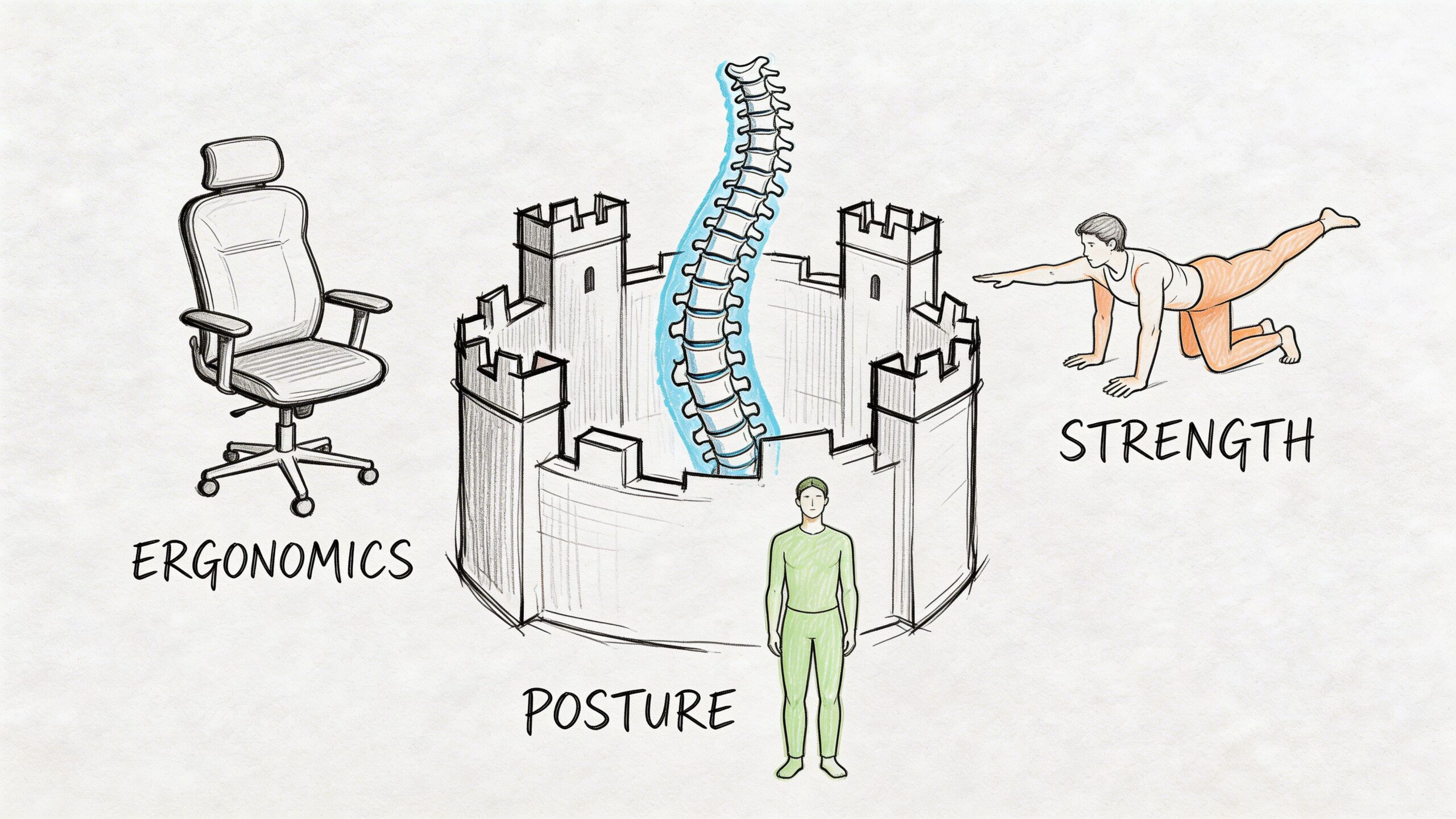 A conceptual illustration showing ergonomics, posture, and strength as essential factors for maintaining a healthy spine.