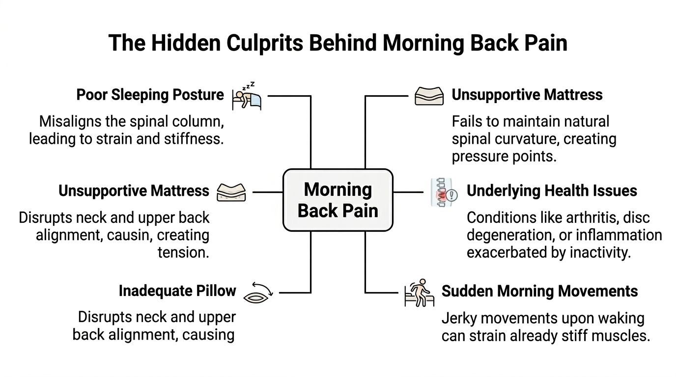 An infographic titled The Hidden Culprits Behind Morning Back Pain listing causes like poor posture and mattresses.