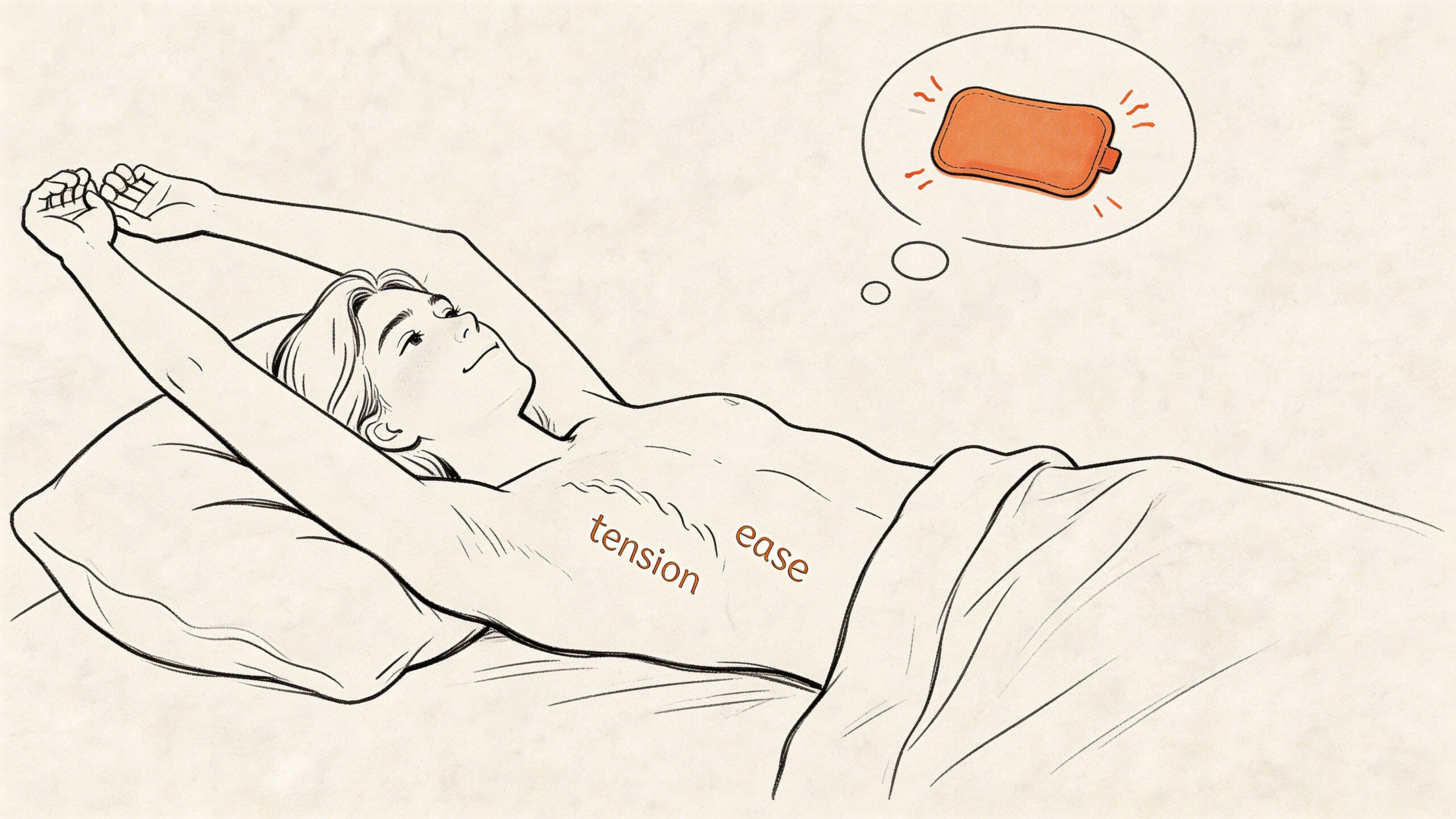 An illustration of a person lying in bed stretching while imagining a hot water bottle for relief.