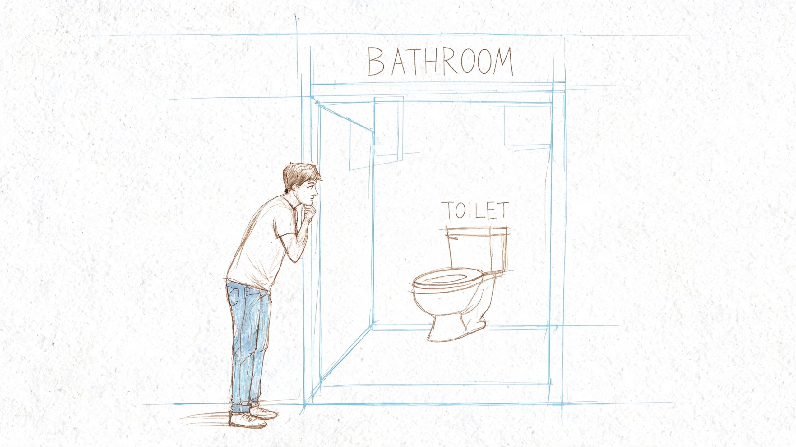A hand-drawn sketch illustration of a person standing outside and looking into a bathroom at a toilet.