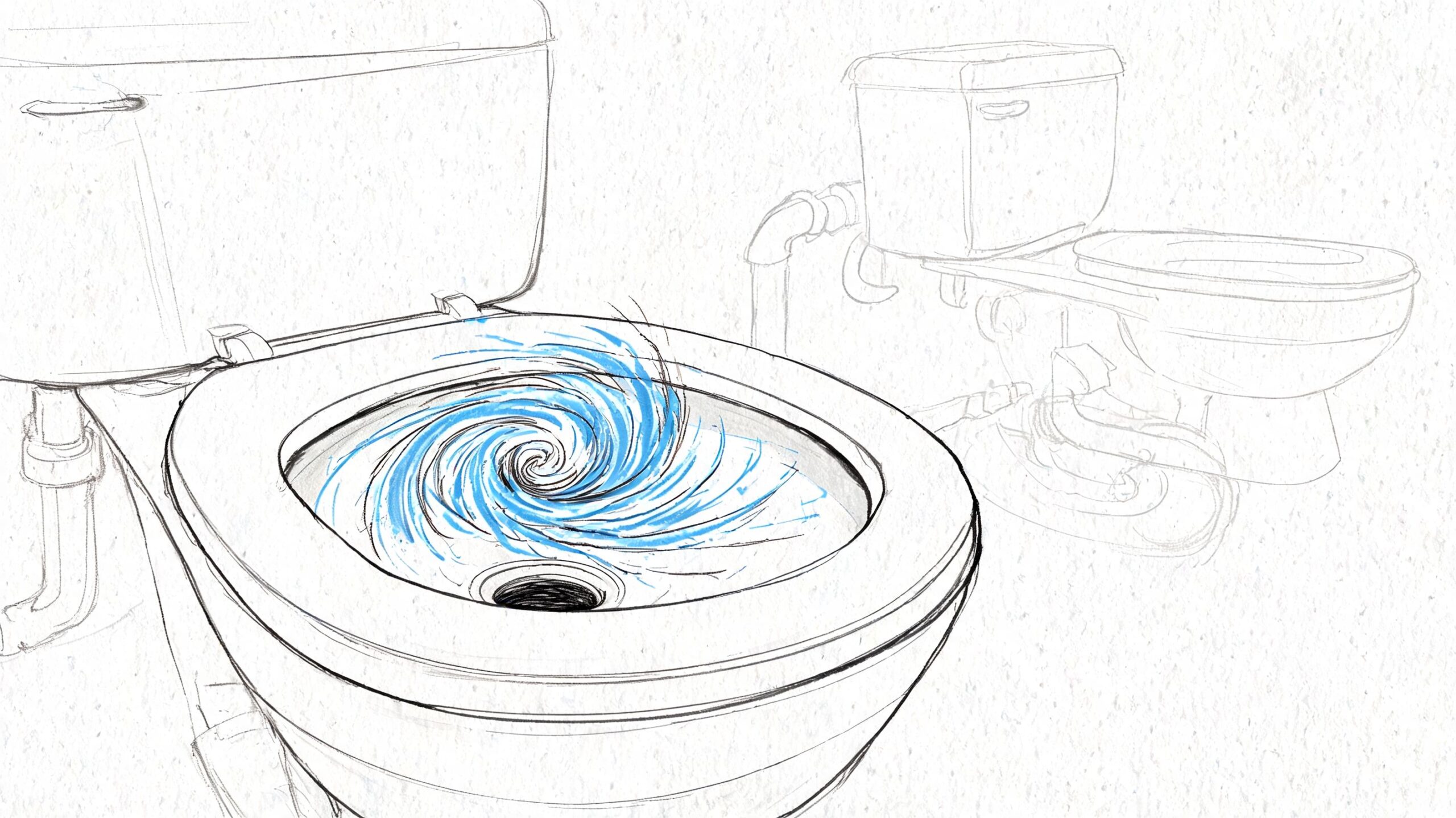 A line drawing illustration showing a toilet bowl with a swirling blue water vortex flushing.
