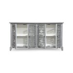 Gray wooden sideboard with decorative lattice doors