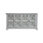 Gray wooden sideboard with geometric glass doors